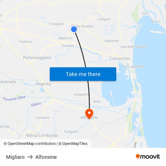 Migliaro to Alfonsine map