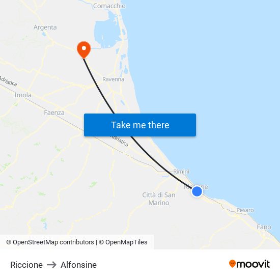 Riccione to Alfonsine map