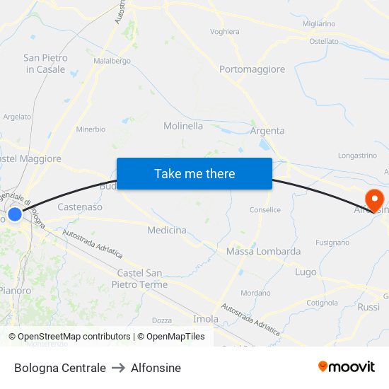 Bologna Centrale to Alfonsine map