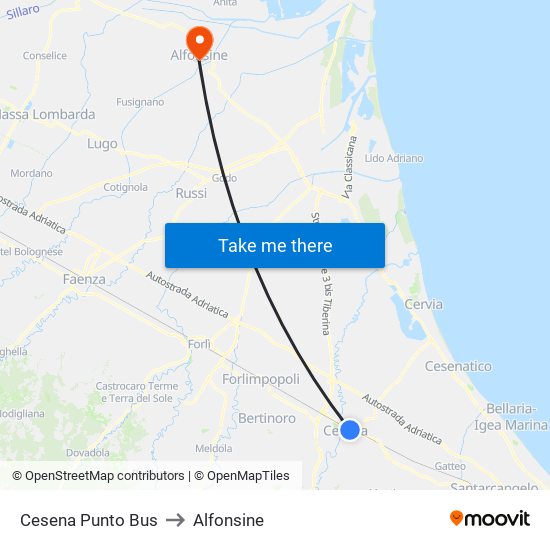 Cesena Punto Bus to Alfonsine map