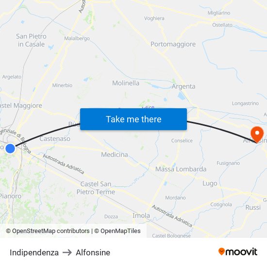 Indipendenza to Alfonsine map