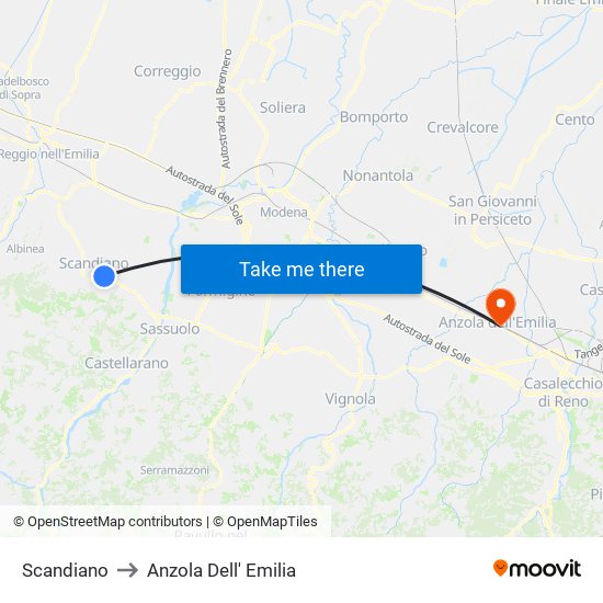 Scandiano to Anzola Dell' Emilia map