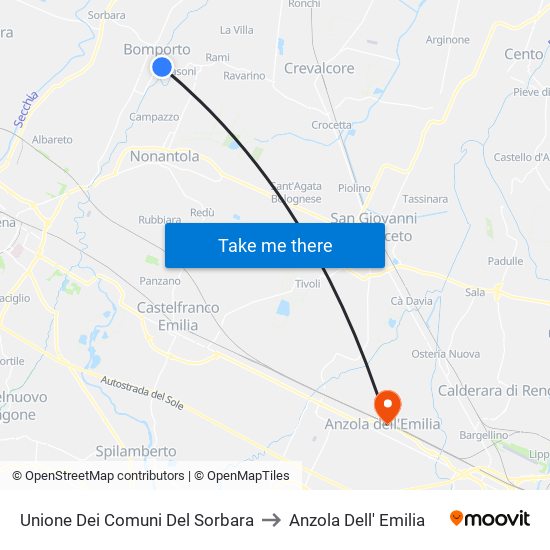 Unione Dei Comuni Del Sorbara to Anzola Dell' Emilia map