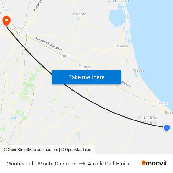 Montescudo-Monte Colombo to Anzola Dell' Emilia map