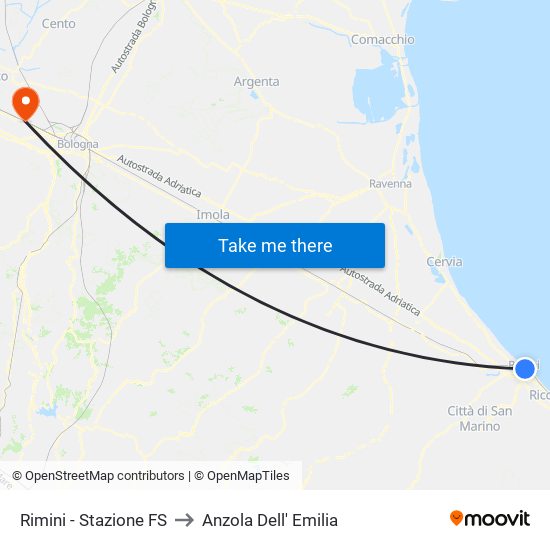 Rimini - Stazione FS to Anzola Dell' Emilia map