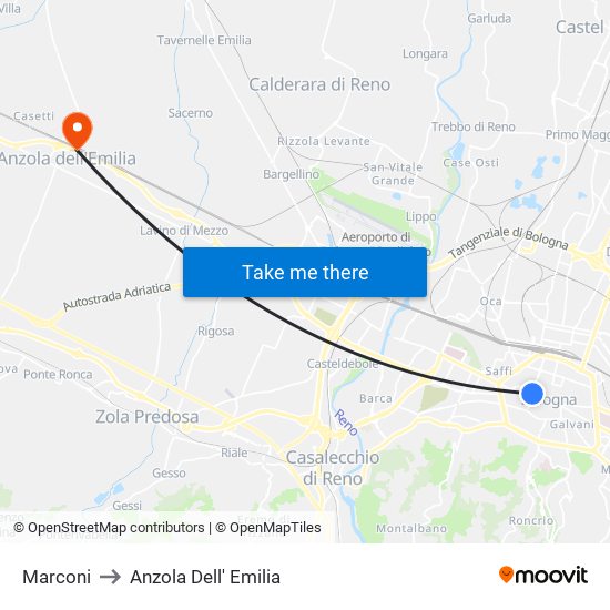 Marconi to Anzola Dell' Emilia map