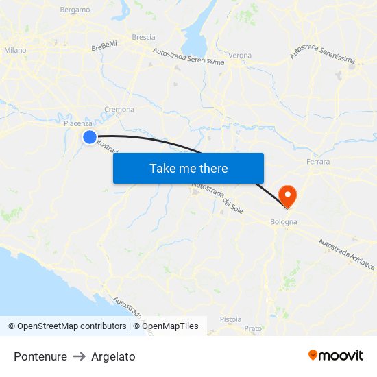 Pontenure to Argelato map