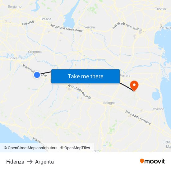 Fidenza to Argenta map