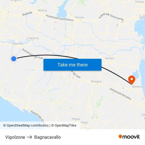 Vigolzone to Bagnacavallo map