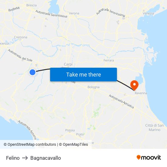 Felino to Bagnacavallo map