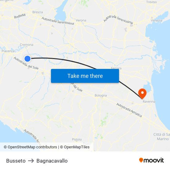Busseto to Bagnacavallo map