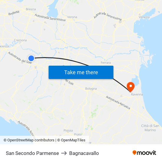 San Secondo Parmense to Bagnacavallo map