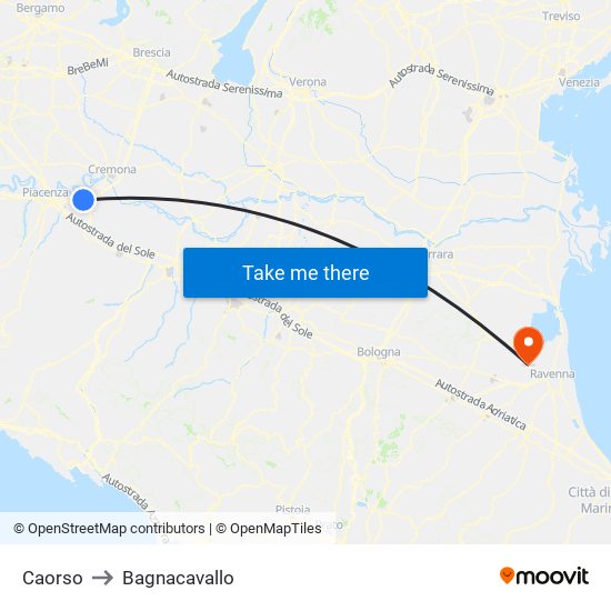 Caorso to Bagnacavallo map
