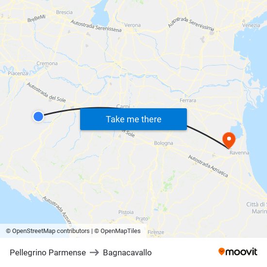 Pellegrino Parmense to Bagnacavallo map