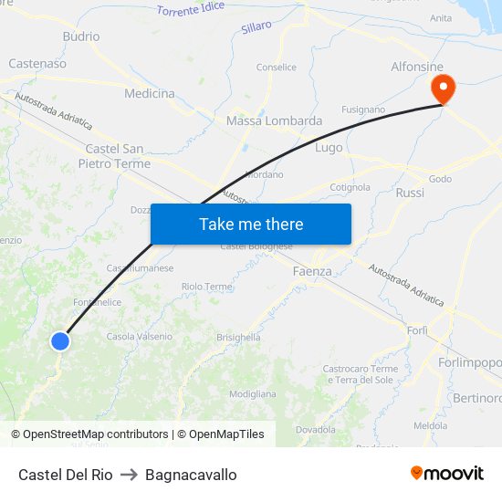 Castel Del Rio to Bagnacavallo map