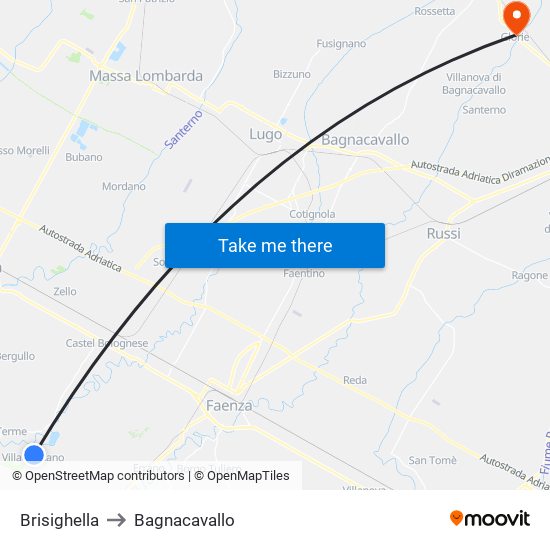Brisighella to Bagnacavallo map