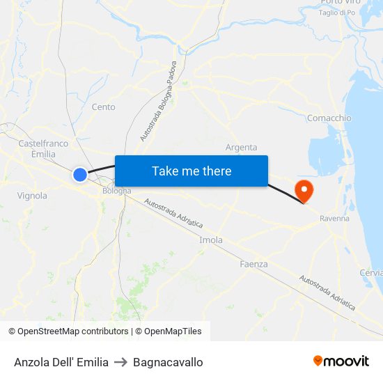 Anzola Dell' Emilia to Bagnacavallo map