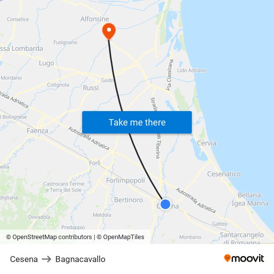 Cesena to Bagnacavallo map