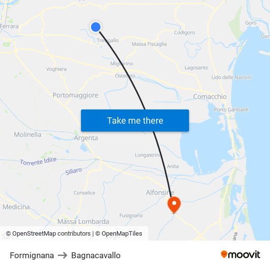 Formignana to Bagnacavallo map