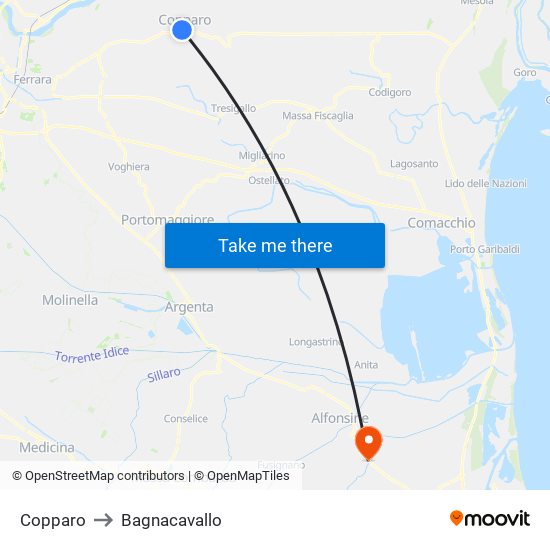 Copparo to Bagnacavallo map