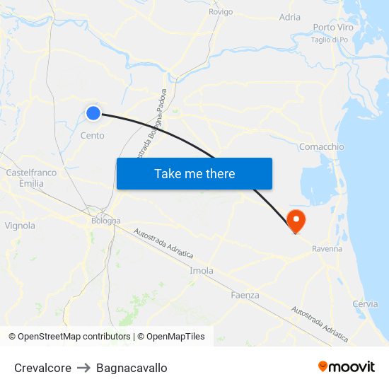 Crevalcore to Bagnacavallo map