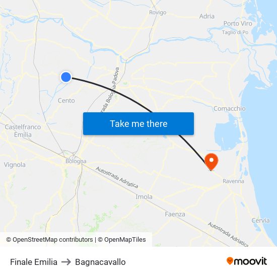 Finale Emilia to Bagnacavallo map