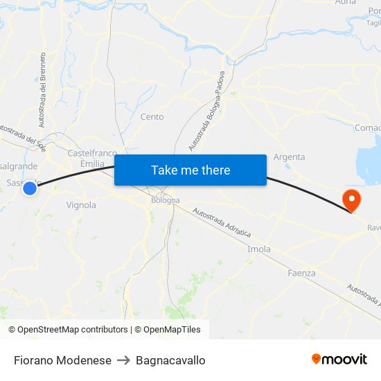 Fiorano Modenese to Bagnacavallo map