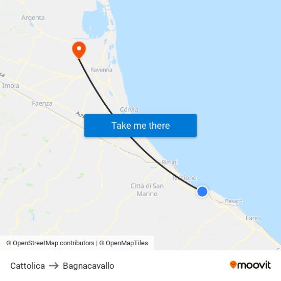 Cattolica to Bagnacavallo map