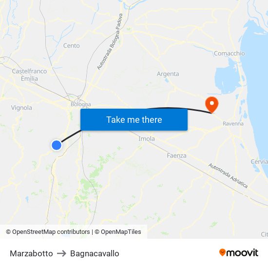 Marzabotto to Bagnacavallo map