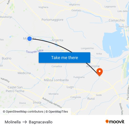 Molinella to Bagnacavallo map
