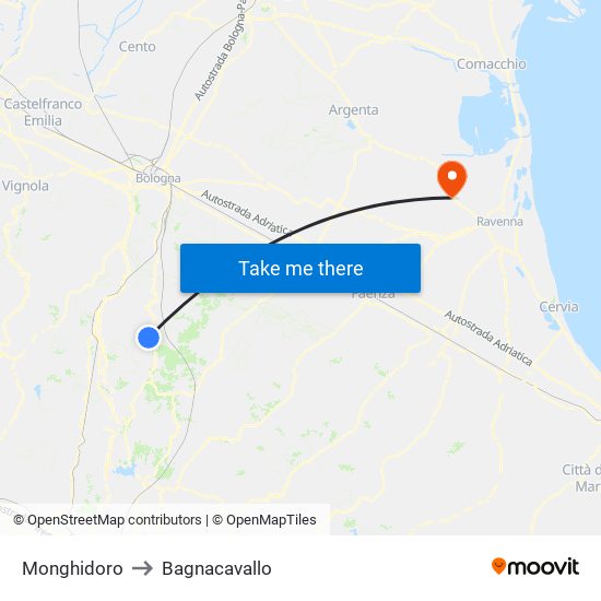 Monghidoro to Bagnacavallo map