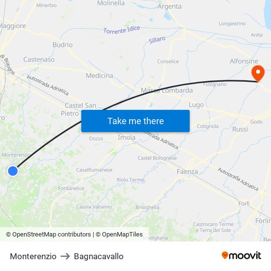 Monterenzio to Bagnacavallo map