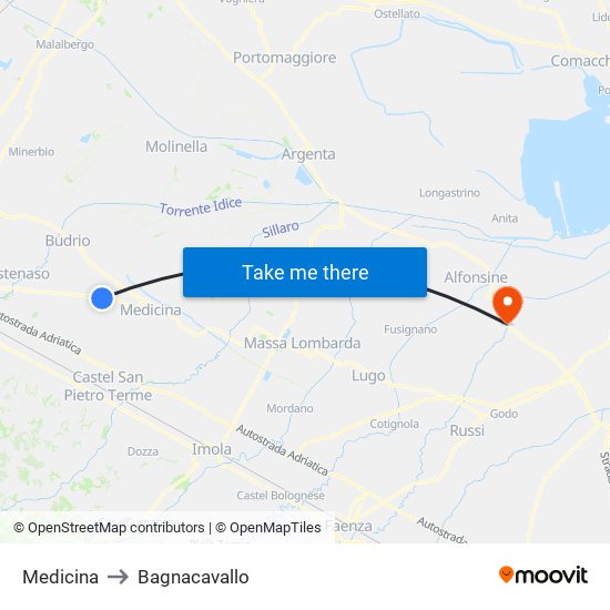Medicina to Bagnacavallo map