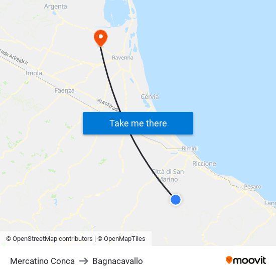 Mercatino Conca to Bagnacavallo map