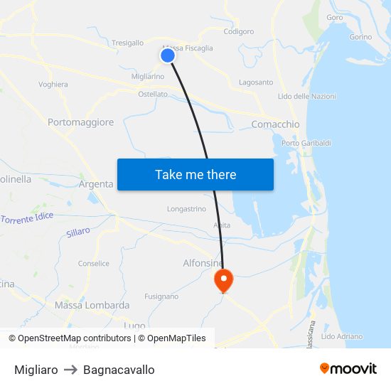 Migliaro to Bagnacavallo map