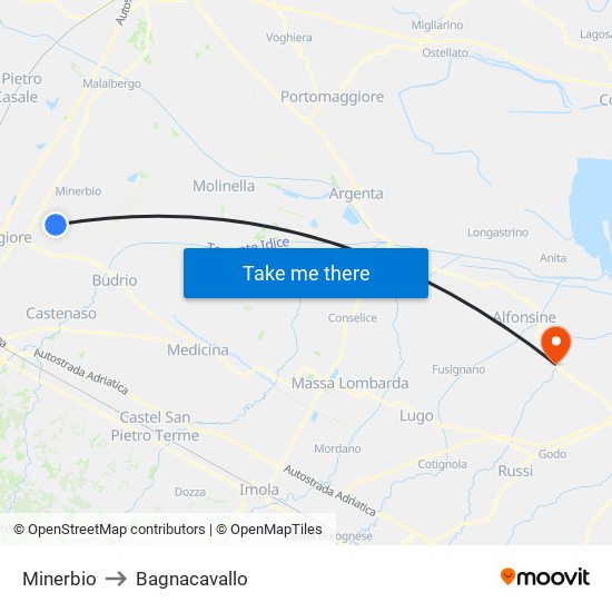 Minerbio to Bagnacavallo map