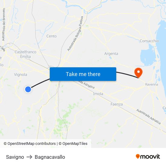 Savigno to Bagnacavallo map