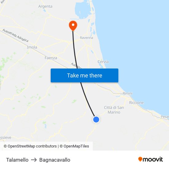 Talamello to Bagnacavallo map