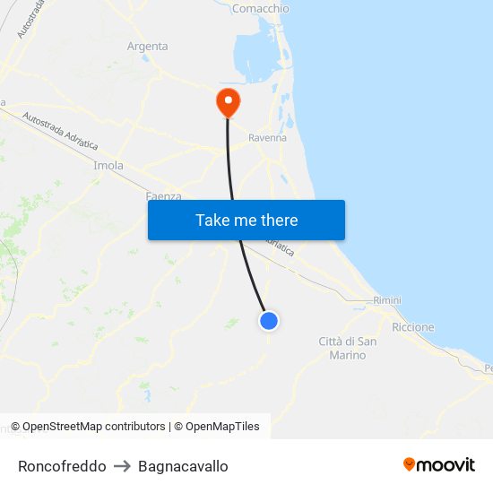 Roncofreddo to Bagnacavallo map