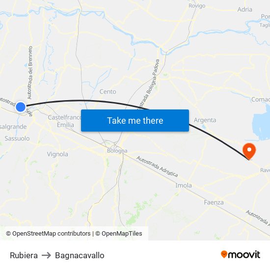 Rubiera to Bagnacavallo map