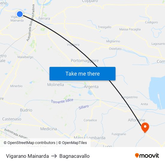 Vigarano Mainarda to Bagnacavallo map