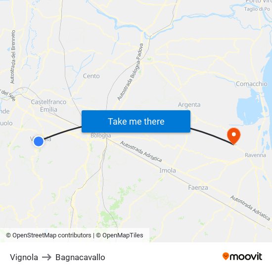 Vignola to Bagnacavallo map