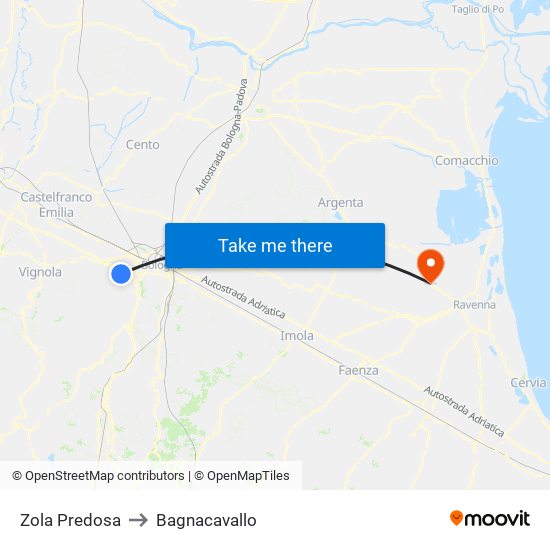 Zola Predosa to Bagnacavallo map