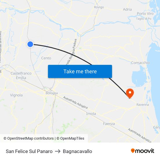 San Felice Sul Panaro to Bagnacavallo map