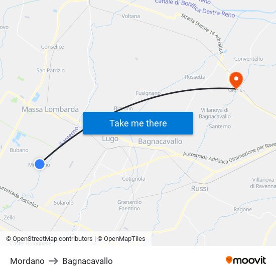 Mordano to Bagnacavallo map