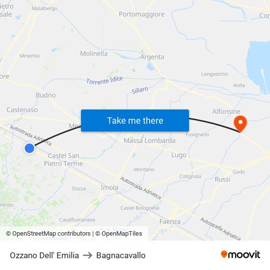 Ozzano Dell' Emilia to Bagnacavallo map