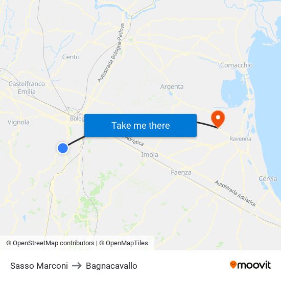 Sasso Marconi to Bagnacavallo map