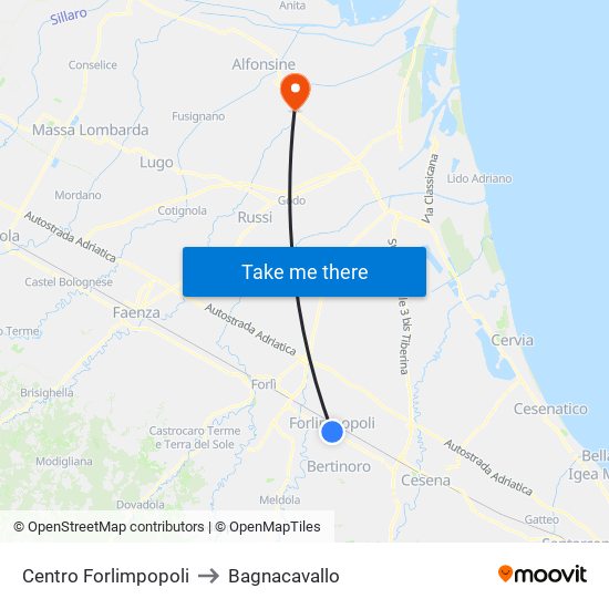 Centro Forlimpopoli to Bagnacavallo map