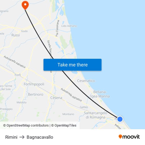 Rimini to Bagnacavallo map