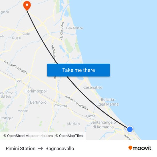 Rimini Station to Bagnacavallo map